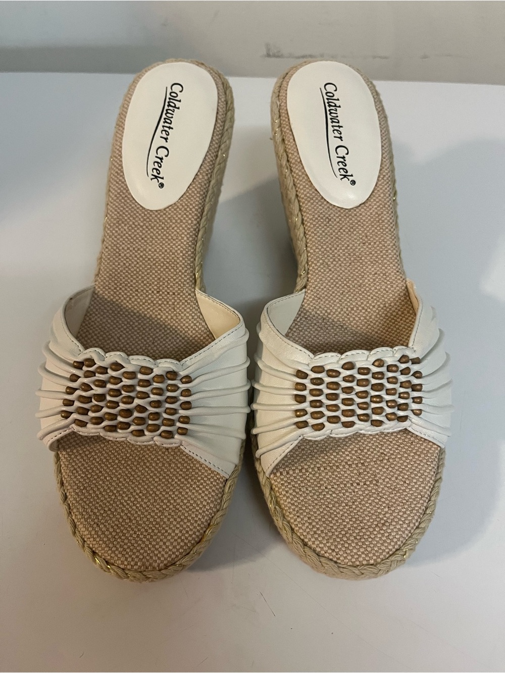 Coldwater Creek White Beaded Espadrille Wedge Sandals Open Toe Boho Size 9 NWOT